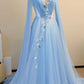 Ice Blue Sheer Long-Sleeve 3D Flower Train Gown gh6393