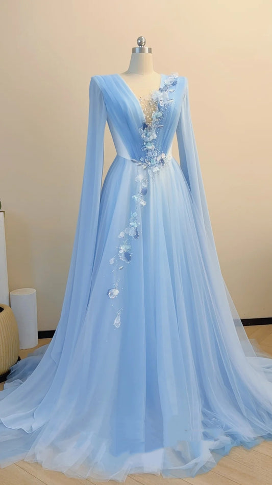 Robe longue transparente bleu glacier à manches longues et traîne fleurie 3D gh6393
