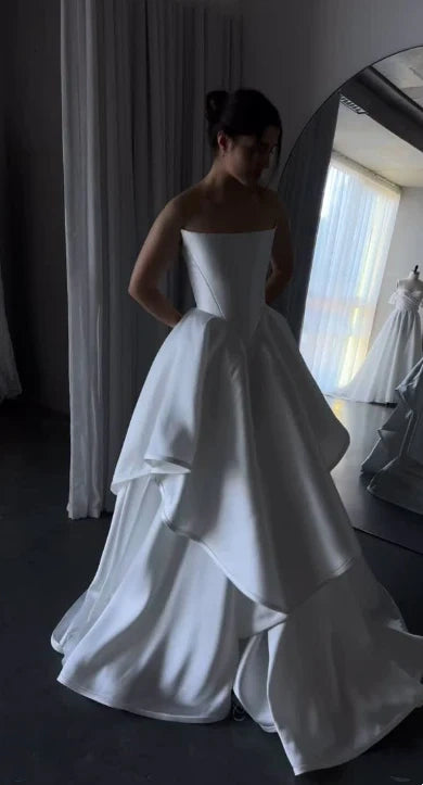 Girlhomeshops - Robe de mariée longue en satin blanc, épaules dénudées, longueur au sol, robe de bal gh5394