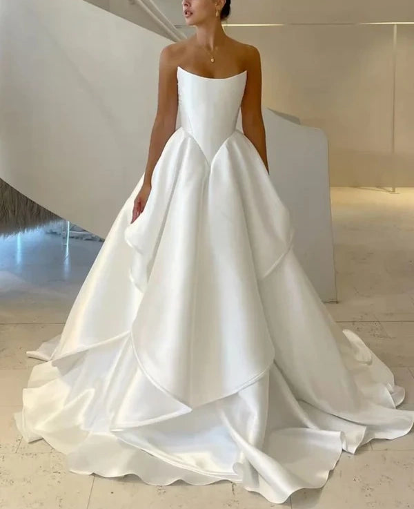 Girlhomeshops - Robe de mariée longue en satin blanc, épaules dénudées, longueur au sol, robe de bal gh5394
