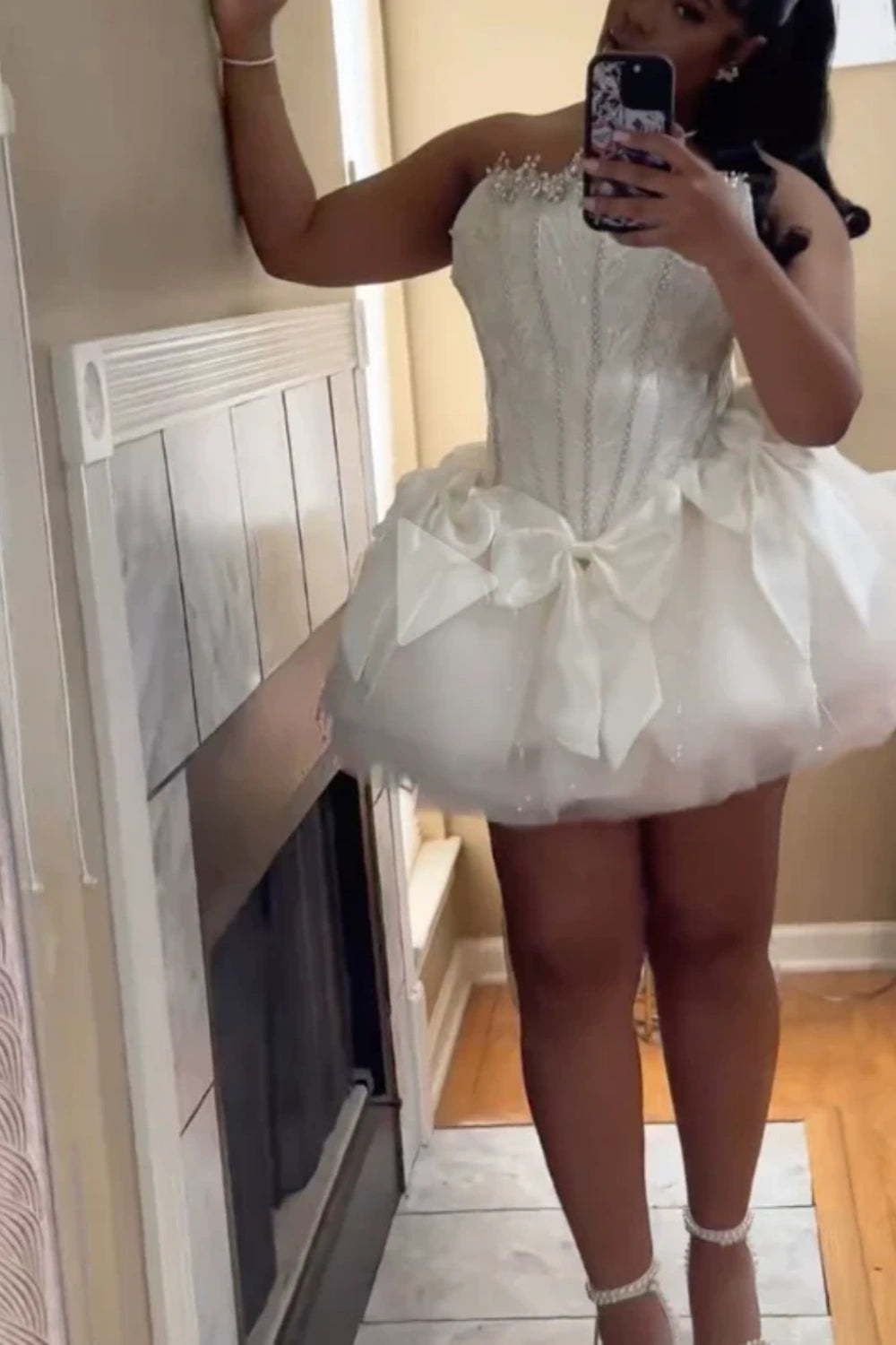 girlhomeshops--White/Pink Delicate Beaded Short Tulle Homecoming Dress gh5564