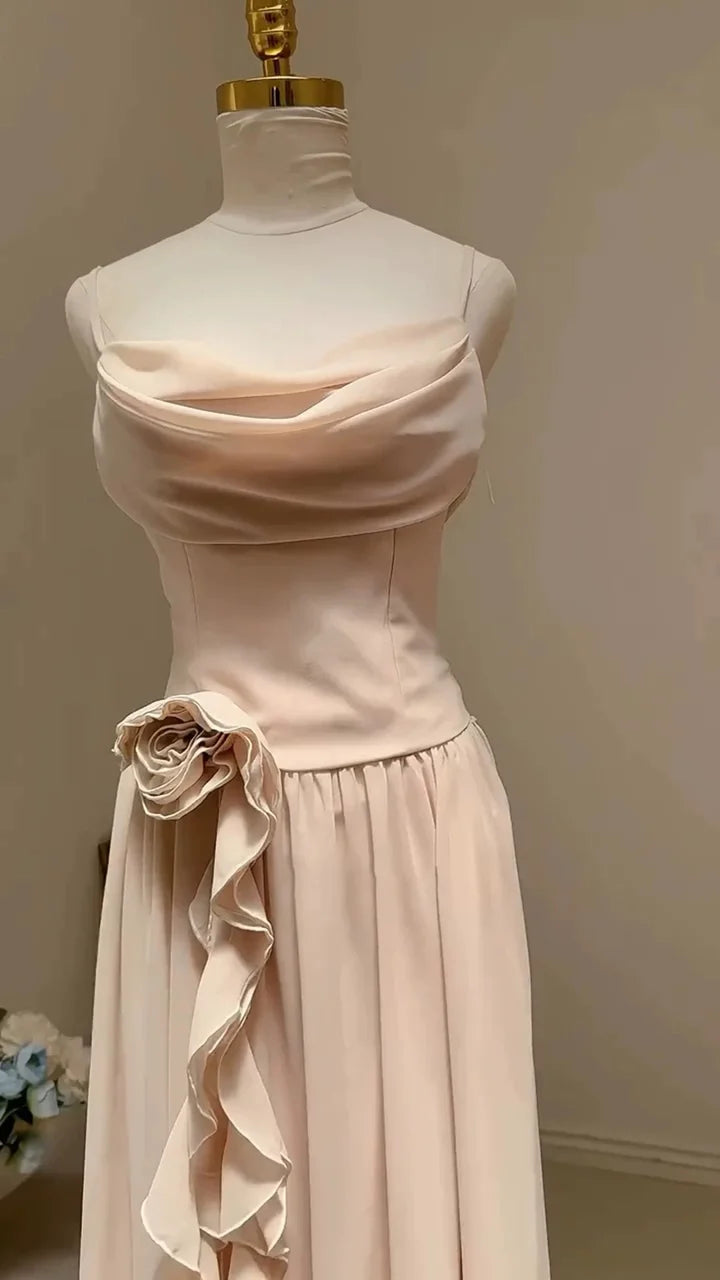 Pink Elegant Ruffle Spaghetti Strap Pearl Beading A-Line Sleeveless Long Chiffon Evening Gown Ball Gown Bridesmaid Dresses gh4194