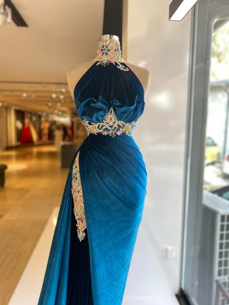 Robe de soirée longue en velours bleu sexy et élégante avec dentelle exquise et perles, fente au sol, robe de bal gh3413