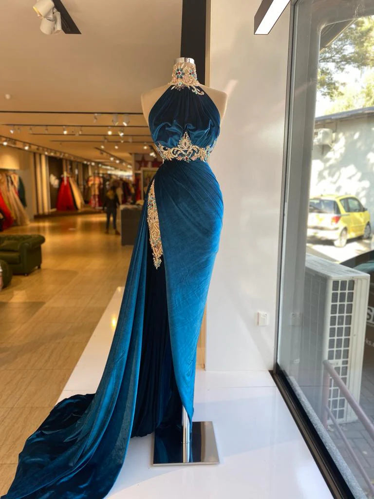 Robe de soirée longue en velours bleu sexy et élégante avec dentelle exquise et perles, fente au sol, robe de bal gh3413