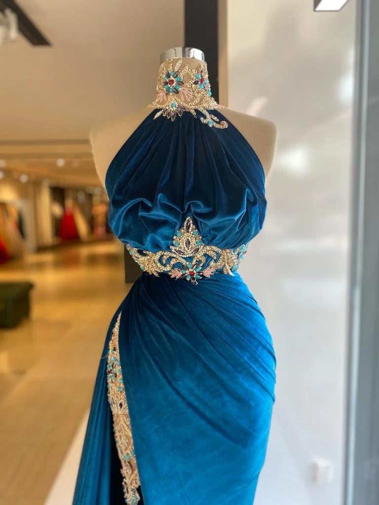 Robe de soirée longue en velours bleu sexy et élégante avec dentelle exquise et perles, fente au sol, robe de bal gh3413