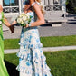 Blue floral elegant long formal evening gown sleeveless slit dress party dress gh3010