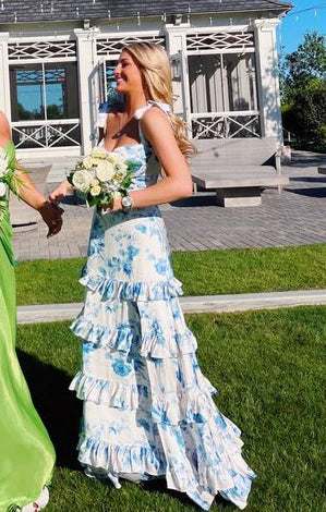 Blue floral elegant long formal evening gown sleeveless slit dress party dress gh3010