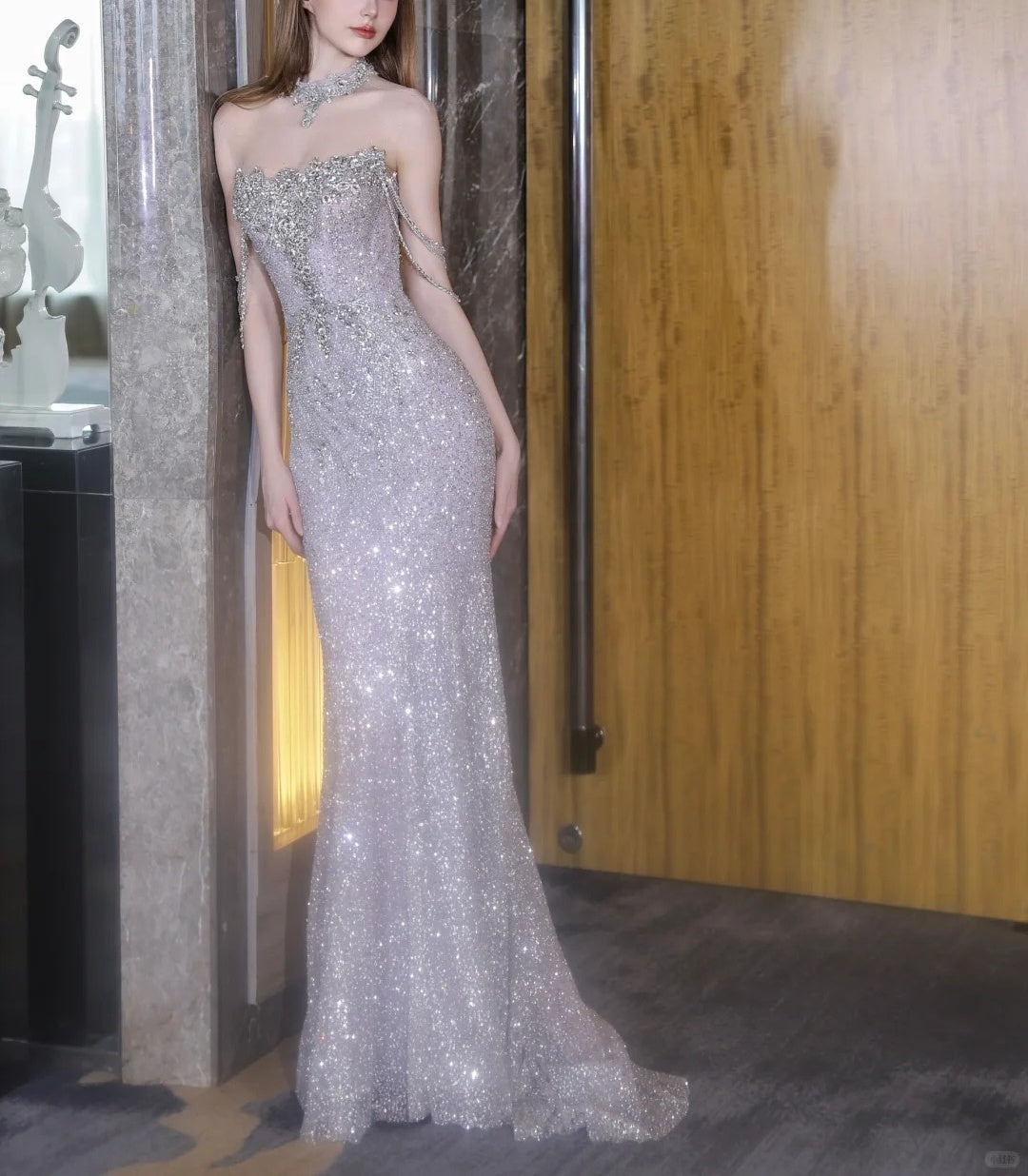 Girlhomeshops-Light Purple Fashion Beading Elegant Long Mermaid Slim Tulle Ball Gown Evening Dress gh5075