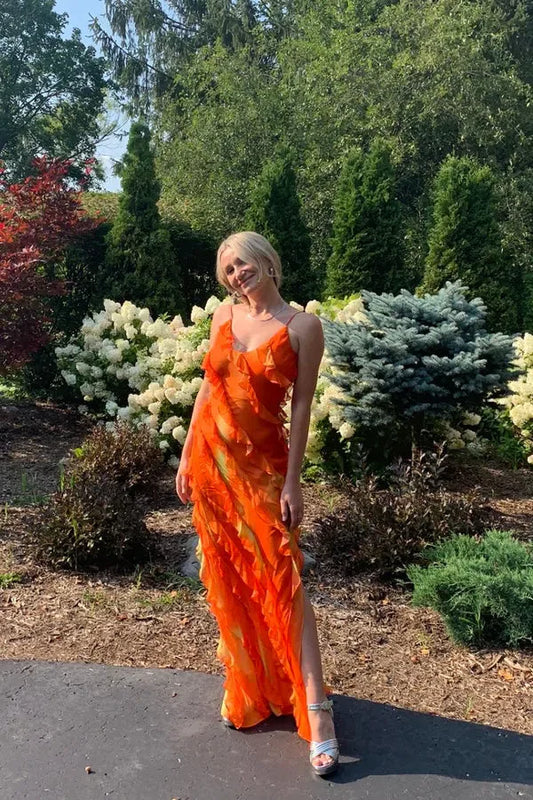 Robe de soirée élégante à bretelles spaghetti et à volants en mousseline de soie, robe de soirée, robe d'invité de mariage, orange, gh3318