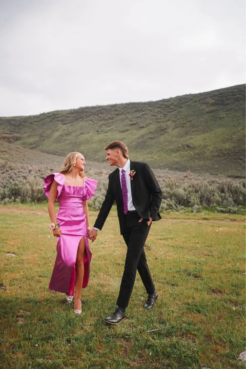 Robe de soirée longue en satin rose élégante à décolleté carré et fente sexy gh3358