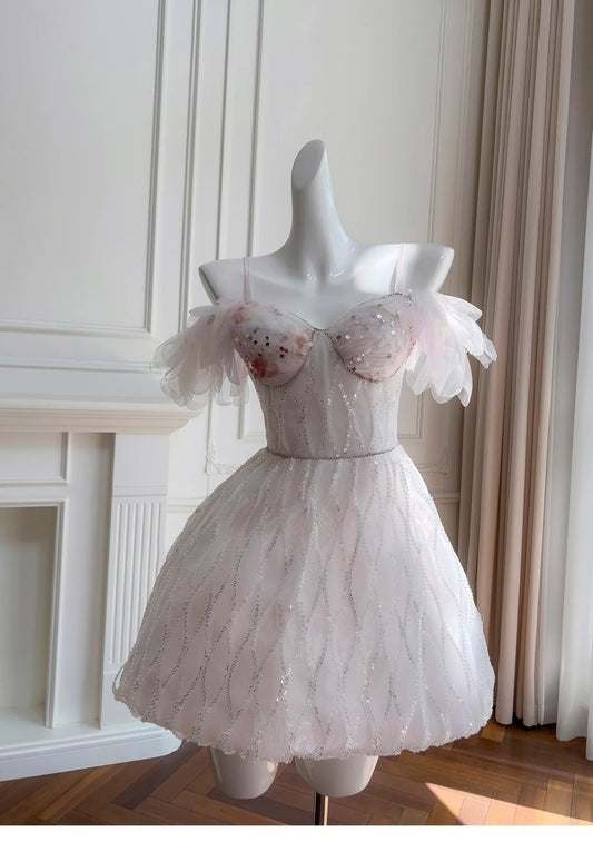 Girlhomeshops-Pink Sweet Sequin Short Tulle Homecoming Dress Birthday Party Dress gh5042