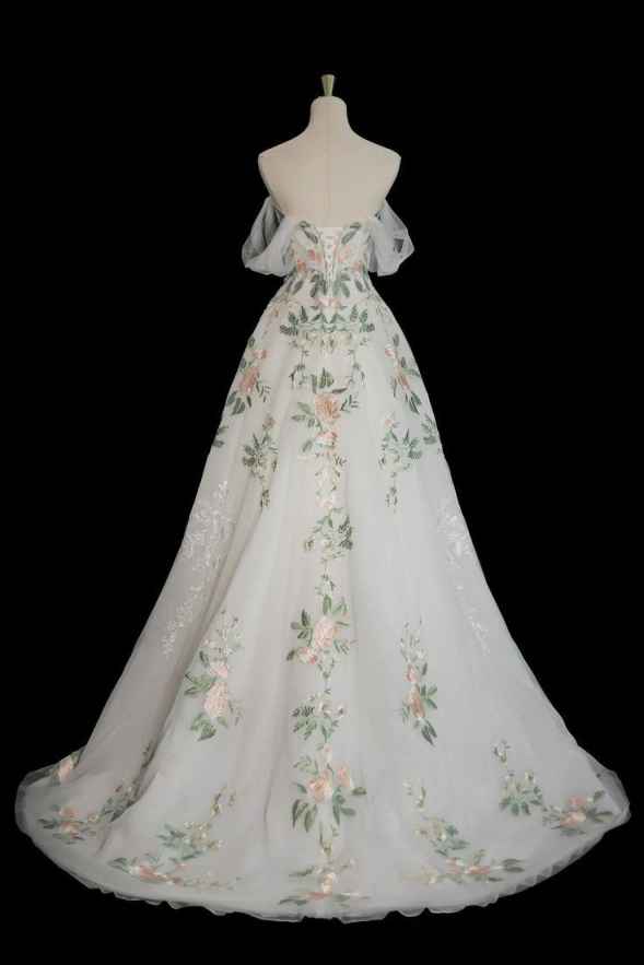 Robe de soirée longue en tulle à manches courtes et à fleurs exquises, robe de bal blanche, robe de soirée, robe de fête gh3524