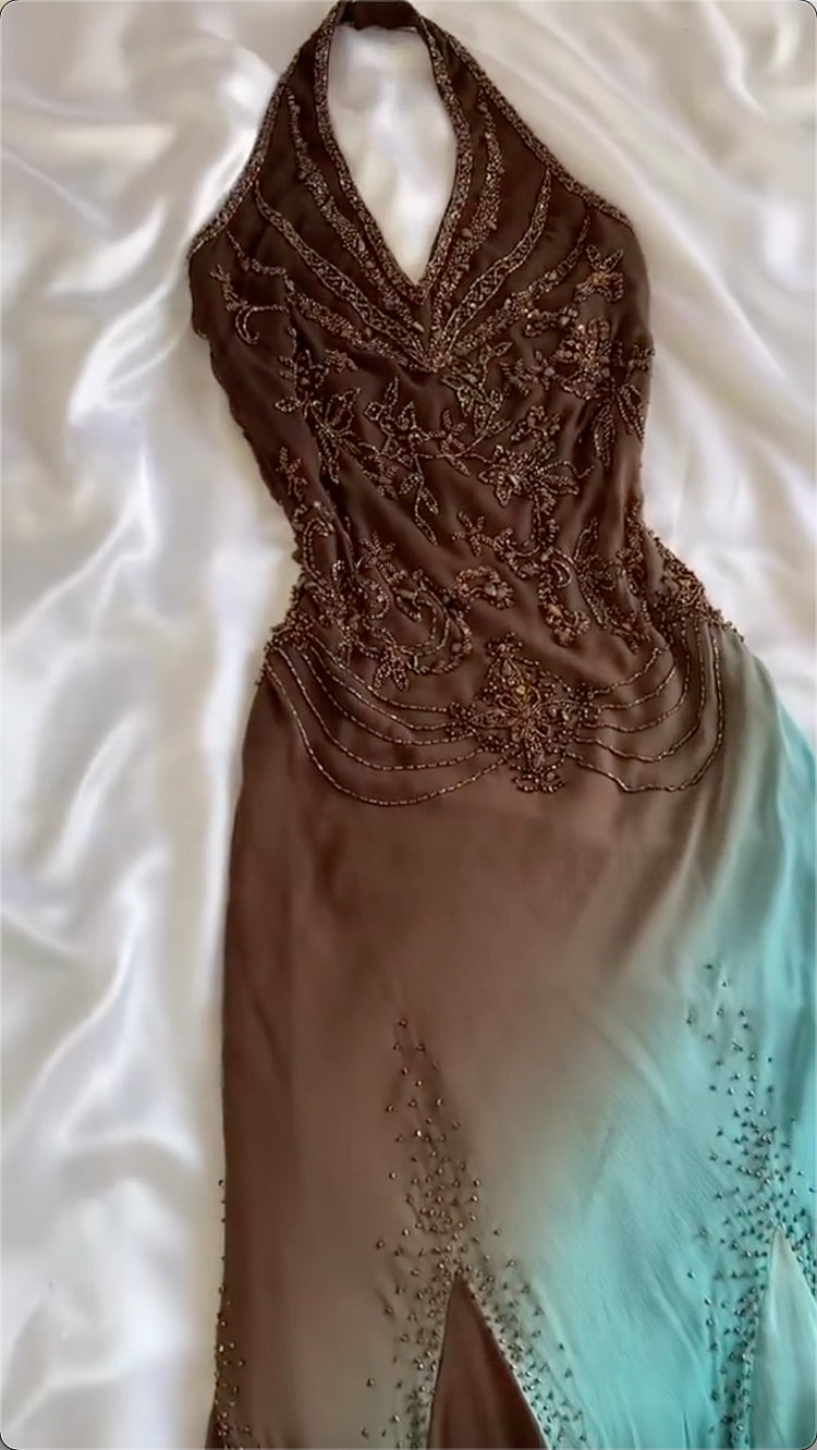 Robe de bal menthe chocolat, dégradé de marron et bleu, magnifique, légère, exquise, perles, bretelles spaghetti, longue, en mousseline de soie, robe de soirée gh3338