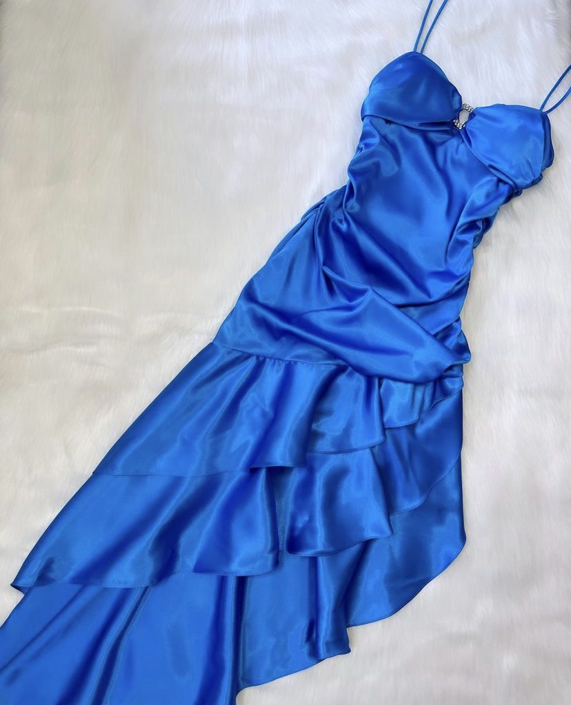 Girlhomeshops-Blue fashion elegant ruffle long satin prom dress evening dress graduation dress gh5200