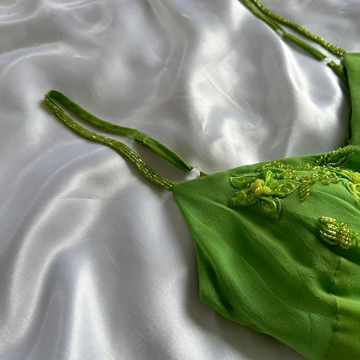 Green shiny fashion exquisite floral beading spaghetti straps long chiffon ruffles long ball gown evening dress party dress gh3403