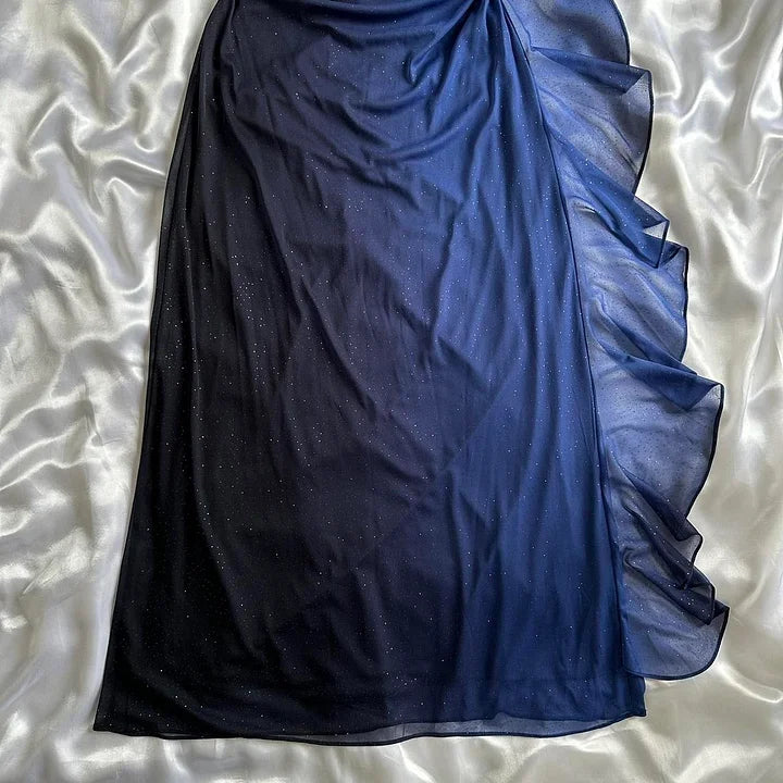 Robe de soirée longue en mousseline de soie bleu foncé/violet, élégante et brillante, avec bretelles perlées, robe de bal, robe de soirée, robe de remise de diplôme gh3507