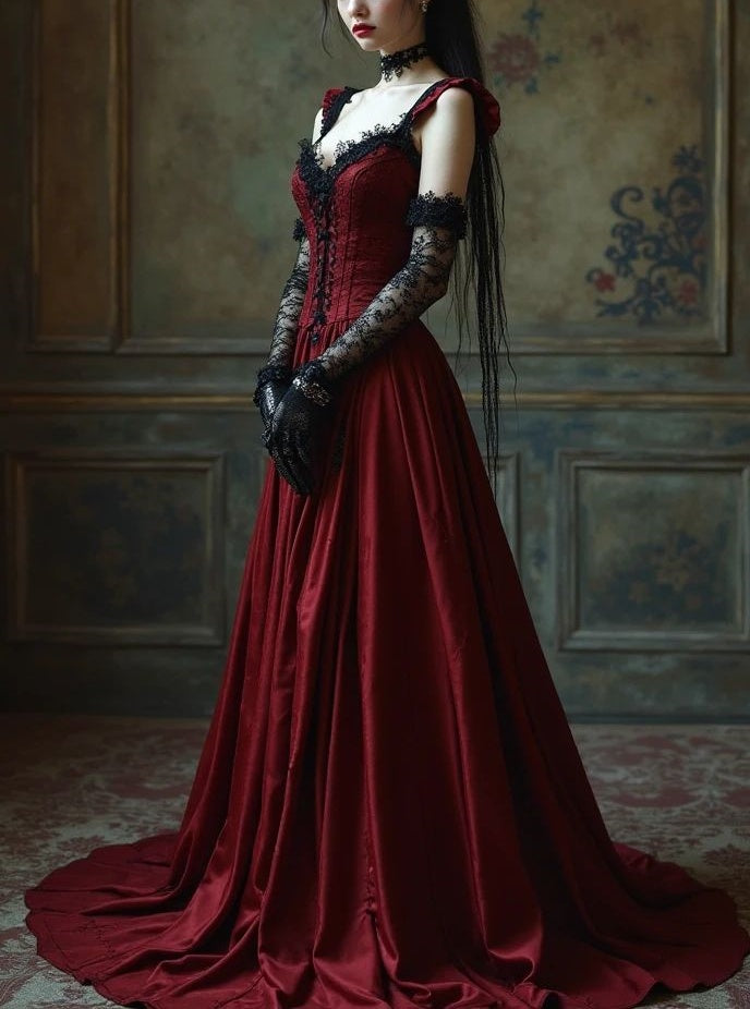 girlhomeshops-Burgunderrotes Korsett-bodenlange Schleppe, elegantes Retro-Ballkleid, Abendkleid, gh5943