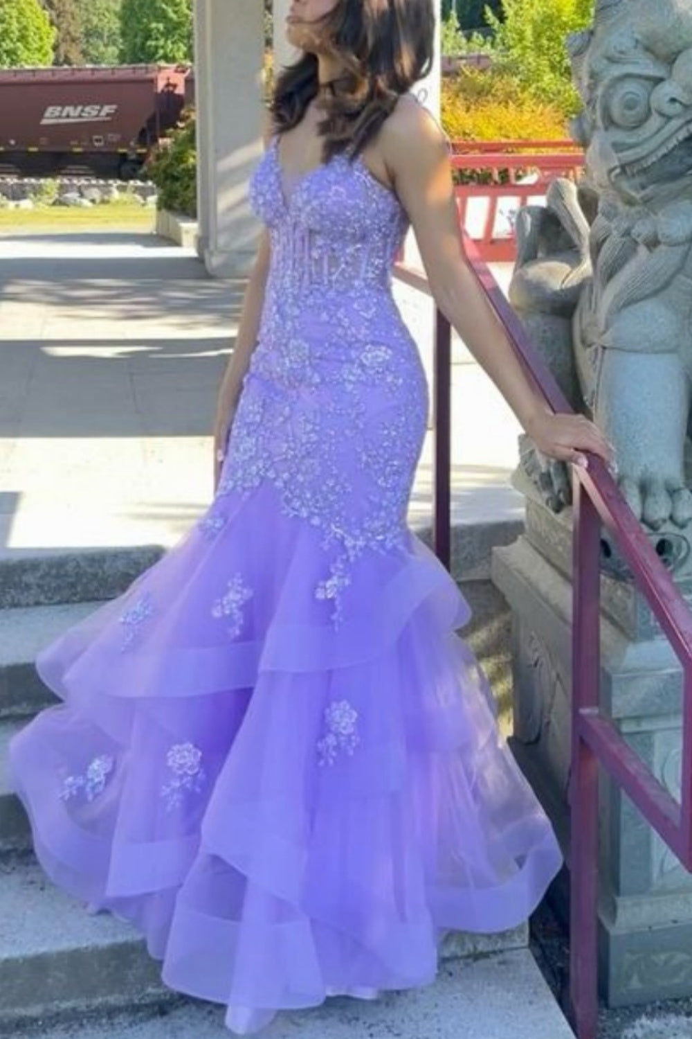 girlhomeshops-Lila Blumen Fischschwanz Lange Meerjungfrau Schlank Abschlussballkleid Ballkleid gh5861