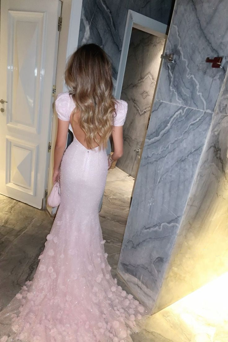 girlhomeshops-Rosa glänzendes, exquisites, geblümtes, bodenlanges, schleppendes, elegantes Retro-Ballkleid, Abendkleid gh5945