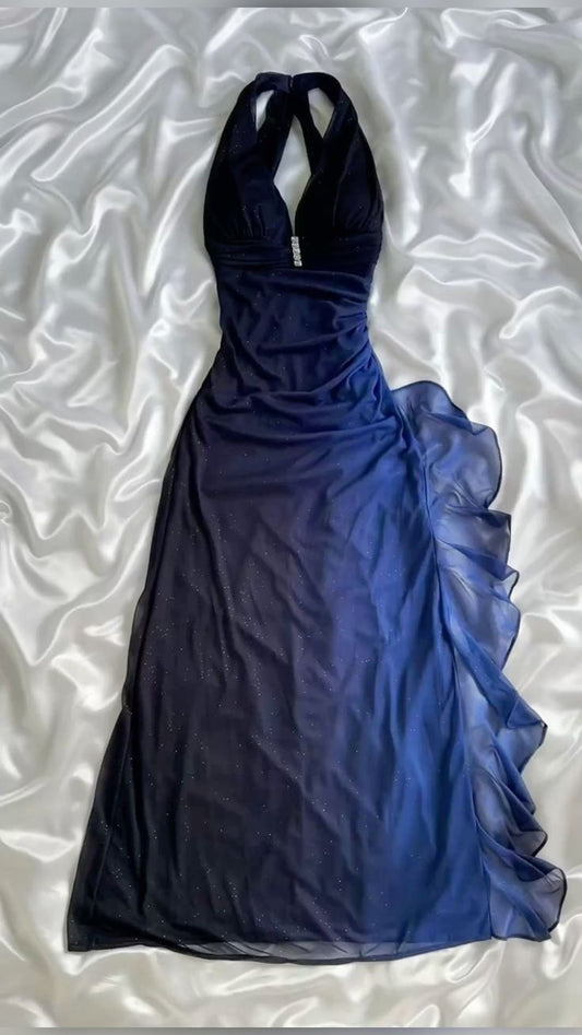 Robe de soirée longue en mousseline de soie bleu foncé/violet, élégante et brillante, avec bretelles perlées, robe de bal, robe de soirée, robe de remise de diplôme gh3507