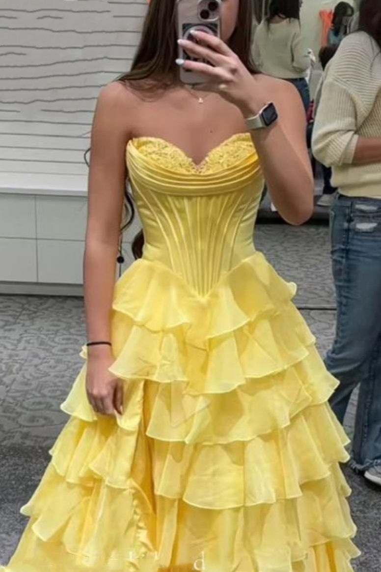 girlhomeshops-Gelbes, elegantes, langes Ballkleid aus Tüll, gh5872