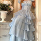 Blue Princess Cute Elegant A-line Short Sleeve Long Tulle Party Dress Evening Dress Ball Gown gh4197