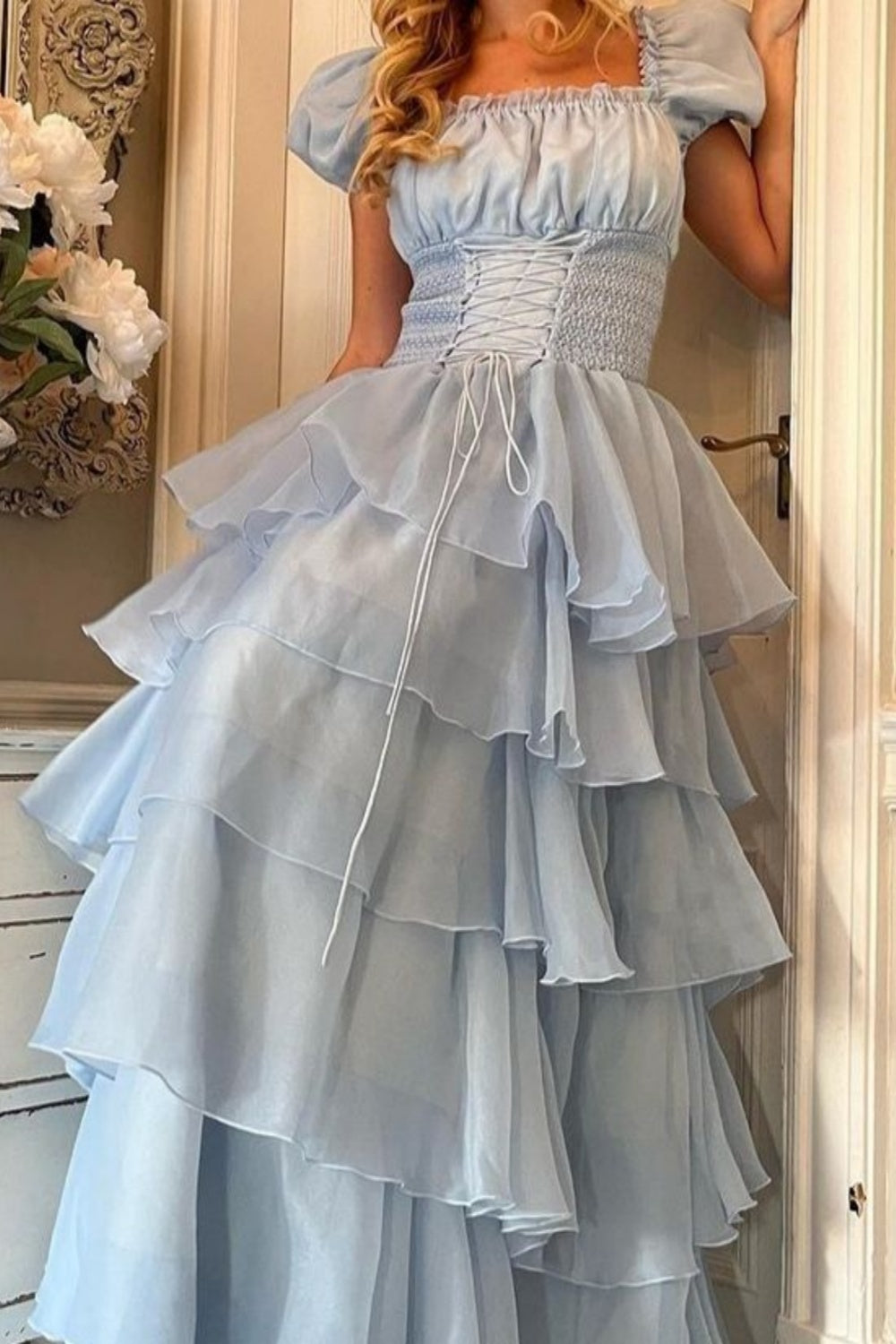 girlhomeshops-Rosa und blau süßes langes Chiffon-Ballkleid mit mehreren Lagen gh5784