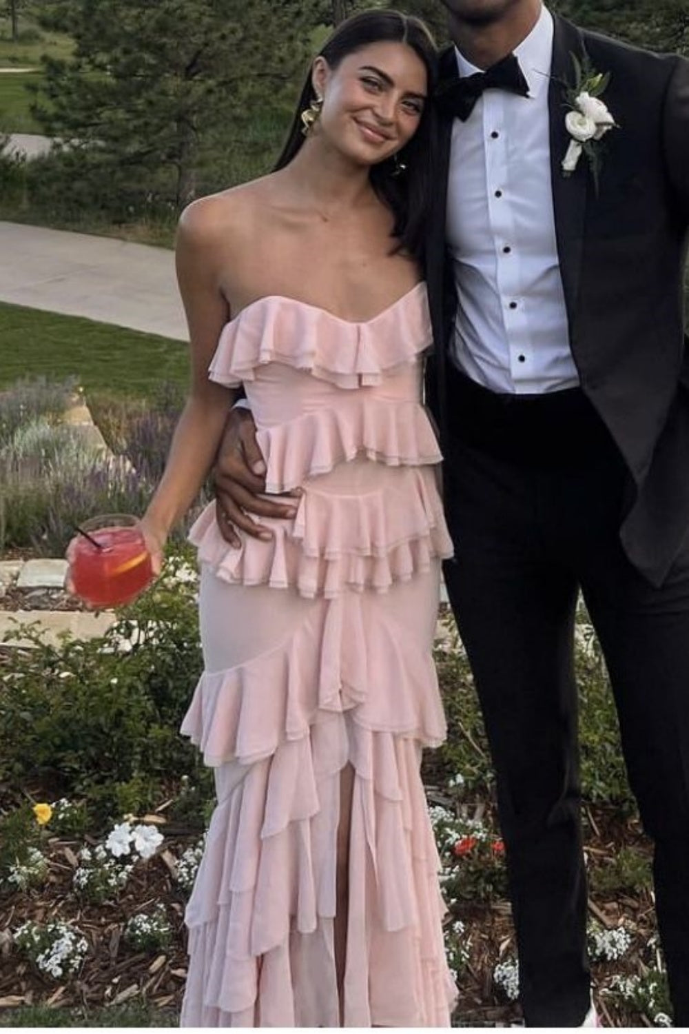 Pink Chiffon Ruffles Long Flowing Elegant Evening Dress Wedding Guest Party Dress Holiday Party Dress gh3138