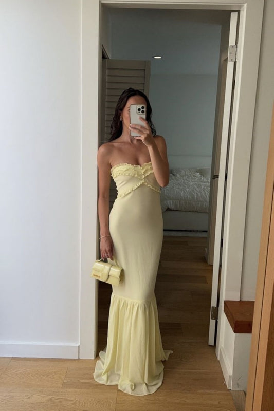 Robe de soirée élégante en mousseline de soie avec haut tube jaune et longue robe de soirée pour invités de mariage gh3326