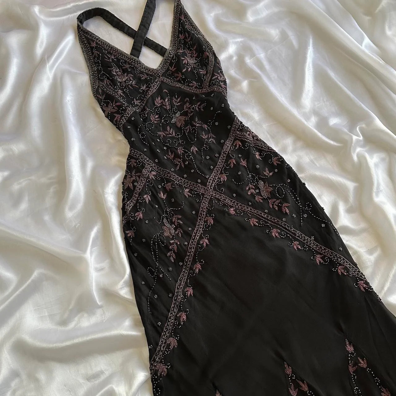 Robe de soirée élégante en mousseline de soie, style vintage, noire, motif floral, tenue de bal, de fête d'anniversaire, gh4271