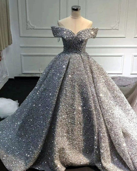 Silver Gorgeous Shiny Off-shoulder Sequin Long Princess Floor-length Ball Gown Evening Dress Wedding Dress gh3445