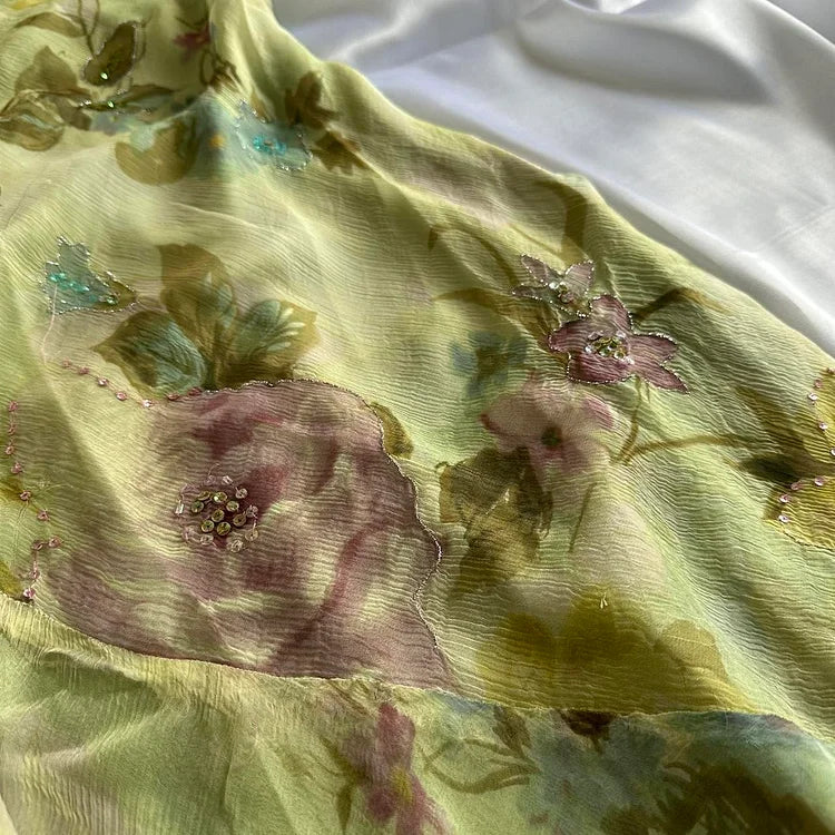 Robe de soirée longue en mousseline de soie, élégante et florale, verte, avec perles, gh4233