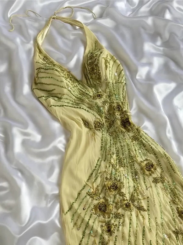 Robe de soirée longue en mousseline de soie, jolie, élégante, délicate, florale, avec bretelles perlées, jaune, gh3823