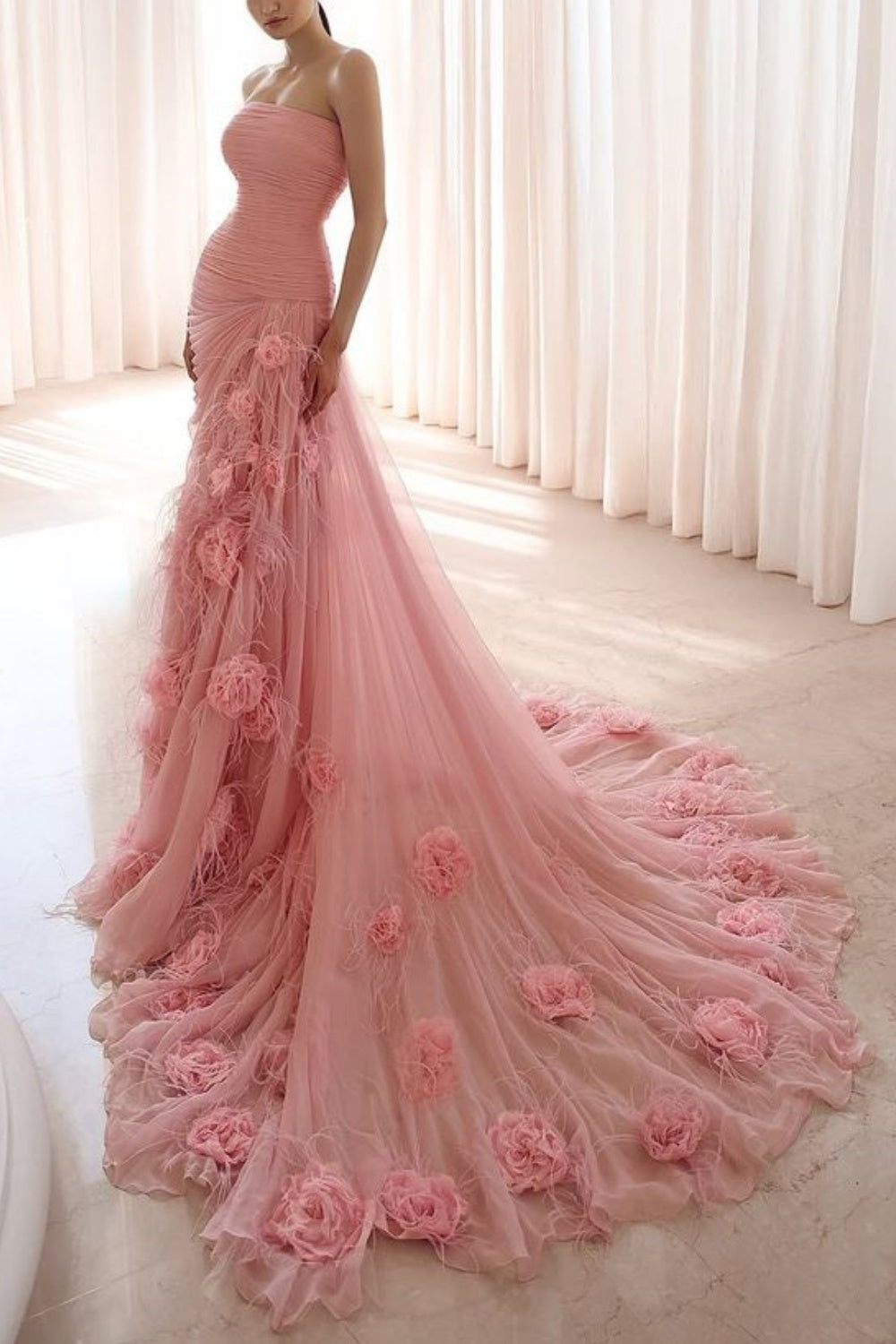 Girlhomeshops - Robe de mariée longue en tulle rose, élégante et florale (gh5950)