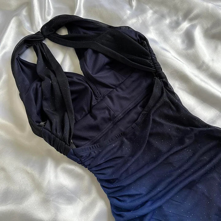 Robe de soirée longue en mousseline de soie bleu foncé/violet, élégante et brillante, avec bretelles perlées, robe de bal, robe de soirée, robe de remise de diplôme gh3507