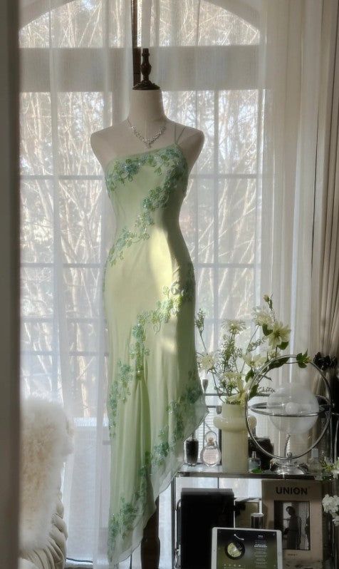 Light green fashion one shoulder elegant exquisite floral beading long bodycon chiffon ball gown evening dress party dress prom dress gh3626