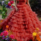 girlhomeshops- Orange-red solid color layered long dress with tulle gh6199