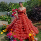 girlhomeshops- Orange-red solid color layered long dress with tulle gh6199