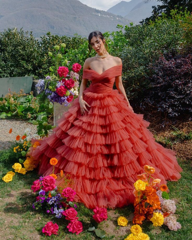 girlhomeshops- Orange-red solid color layered long dress with tulle gh6199