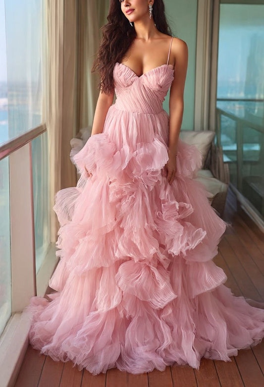 Fairy-Sweet Pink-Tone Style Spaghetti Strap Deep V Gown | Cherry Blossom Pink Ruffled Tulle Multi-Layer Ballgown Train Maxi Dress for Engagement Outdoor Party Luxury Social Event gh6435