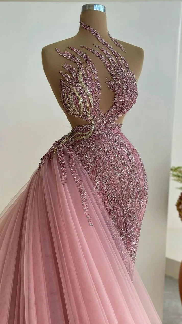 Pink Shiny Gorgeous Fantasy Long Beaded Tulle Ball Gown Evening Dress gh3129