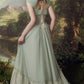 Robe de soirée longue en mousseline de soie et tulle, élégante, style rétro vert, col en cœur, pour demoiselle d'honneur, gh4082