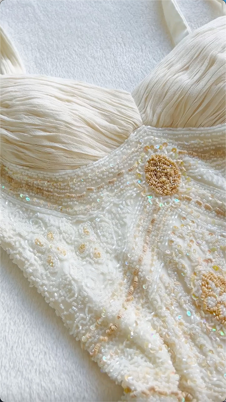 Robe de soirée longue en mousseline de soie, tenue de bal, luxueuse et brillante, style vintage, perles exquises, longueur cheville, gh3778