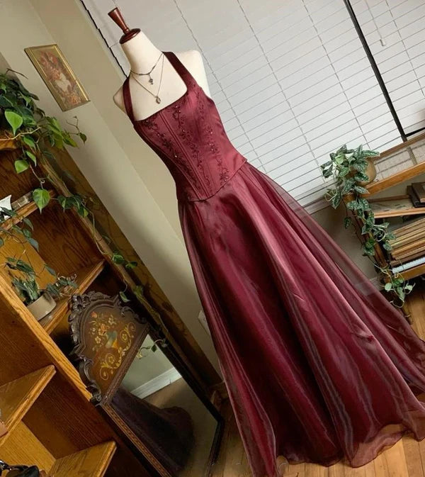 Burgundy red vintage elegant shiny beaded long tulle Prom Gown evening dress party dress gh3457