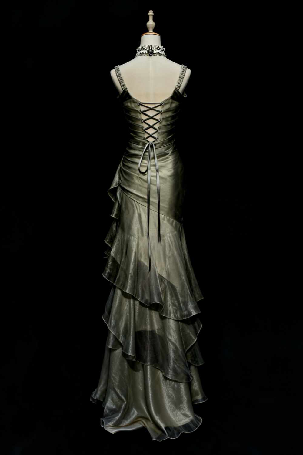 Robe de soirée longue élégante en dentelle à volants, style vintage, vert/champagne, gh3444