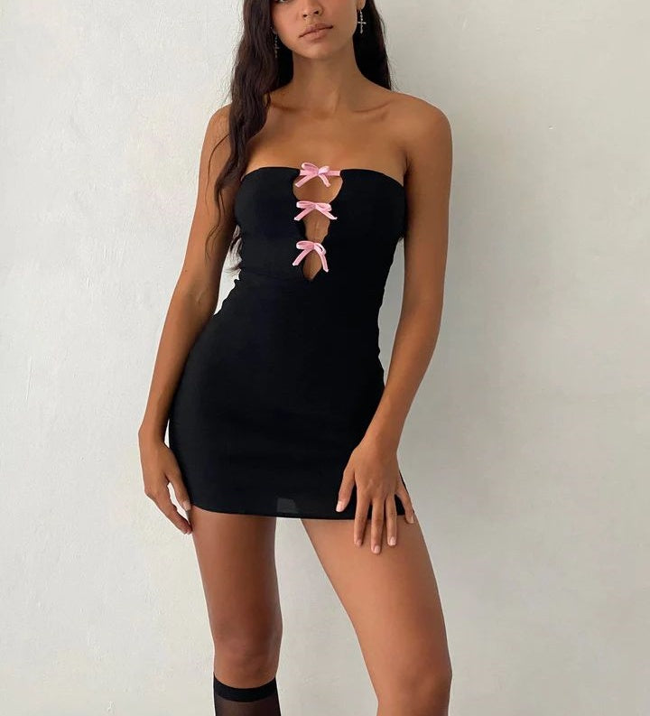 Girlhomeshops-Black and pink bow short satin homecoming dress gh5259