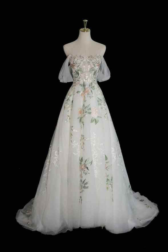 Robe de soirée longue en tulle à manches courtes et à fleurs exquises, robe de bal blanche, robe de soirée, robe de fête gh3524