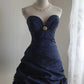 Dark blue irregular pleated short satin homecoming dress a-line princess dress birthday dress gh4376
