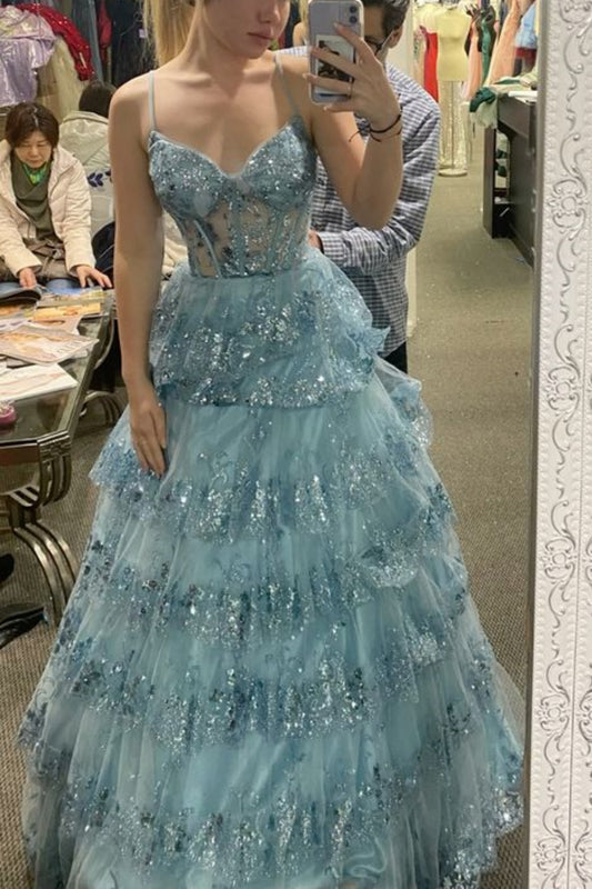 girlhomeshops-Grau/Blau Langes Prinzessinnen-Abschlussballkleid mit glitzernden Pailletten und langem Tüll gh5925