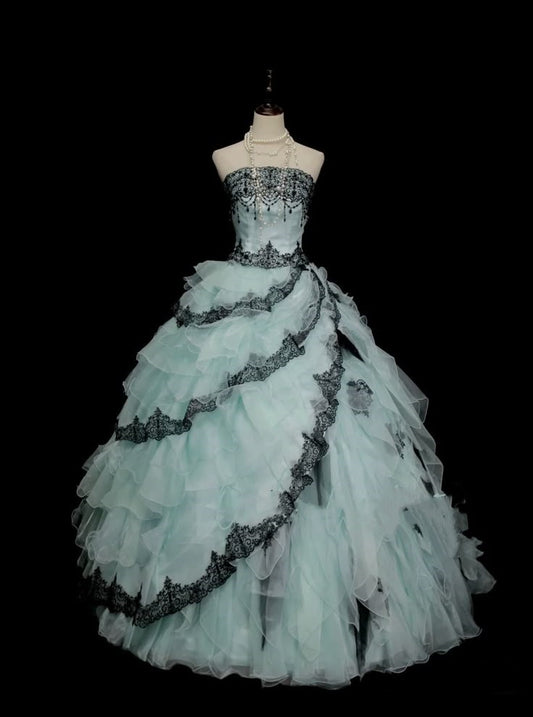 Robe de soirée trapèze longue en tulle et dentelle bleu clair et noir gh4757